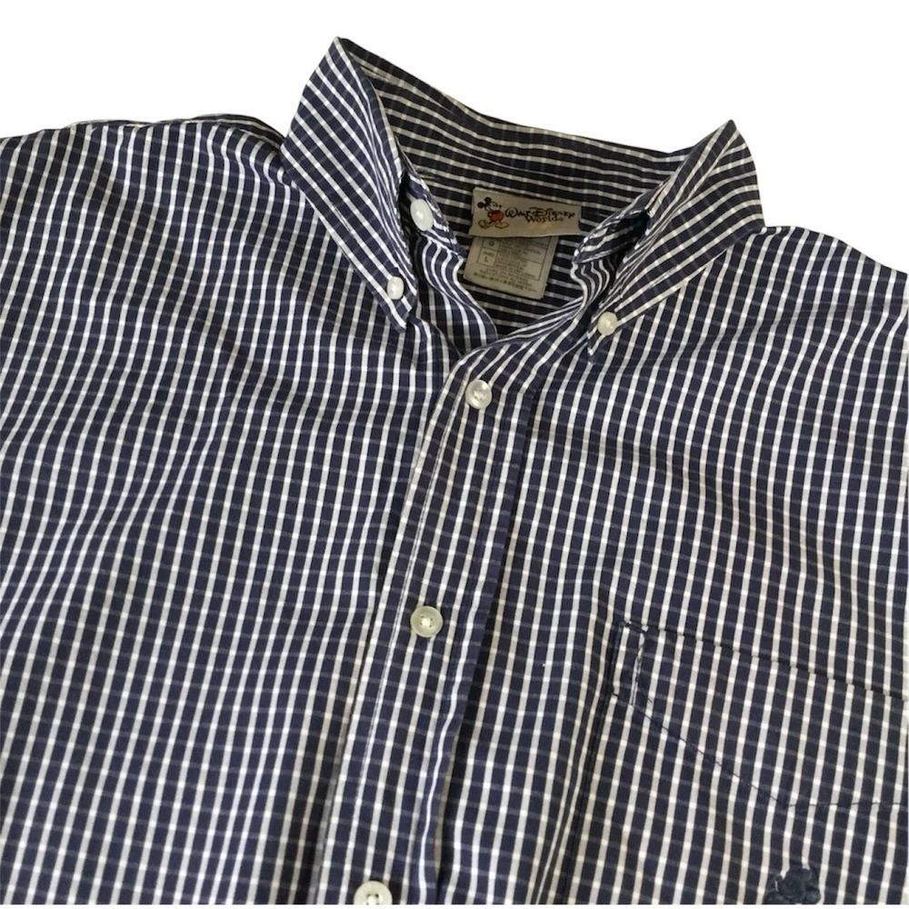 Walt Disney World Shirt Mens Large Gingham Button Down Mickey Mouse Blue SS